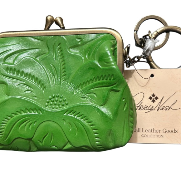 Patricia Nash Tooled Leather Foliage Green Kiss Lock Coin Purse NWT - Picture 2 of 8